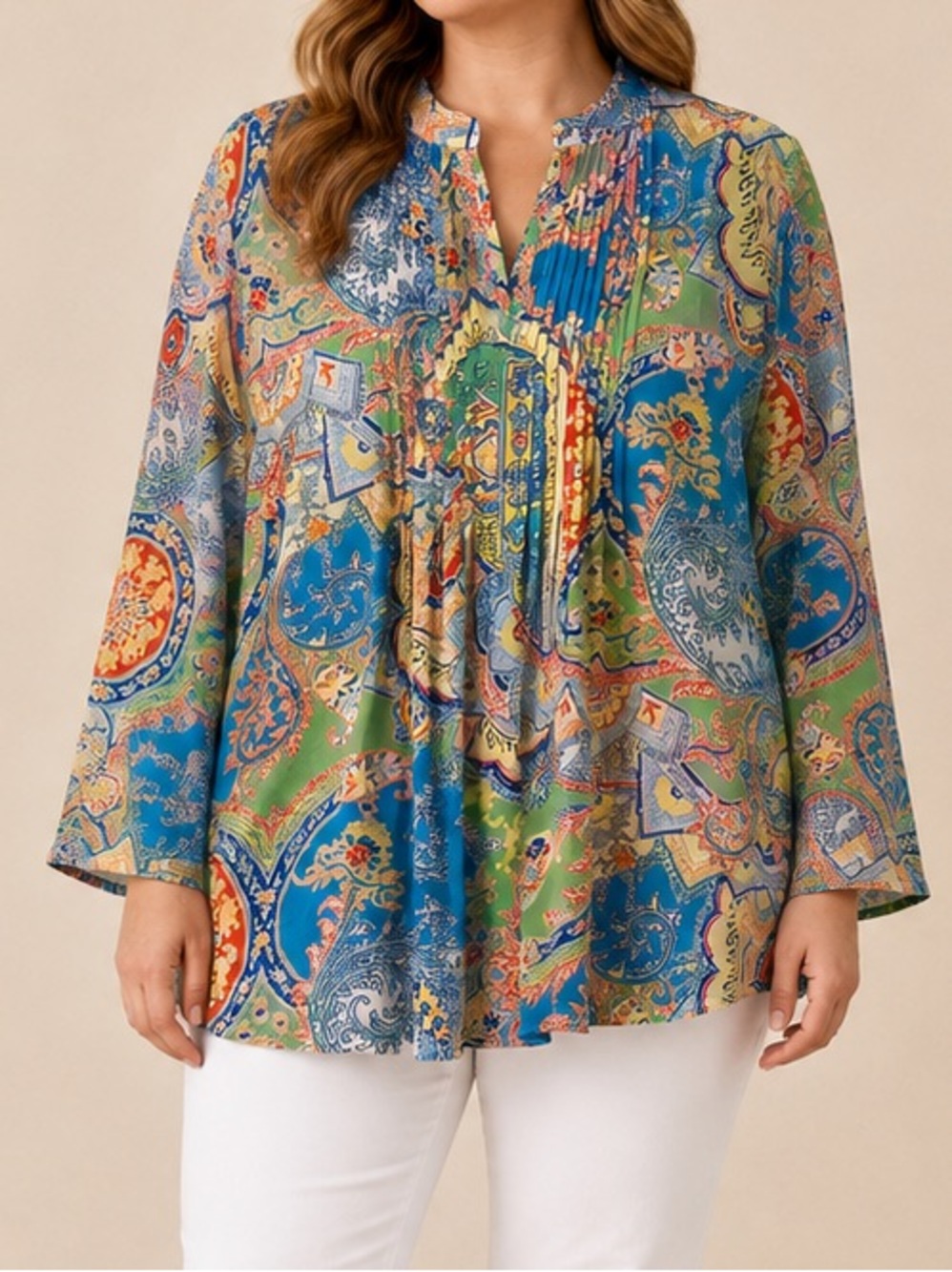 Lauren Ralph Lauren Paisley Pintuck Cotton Tunic Blouse Plus 1X